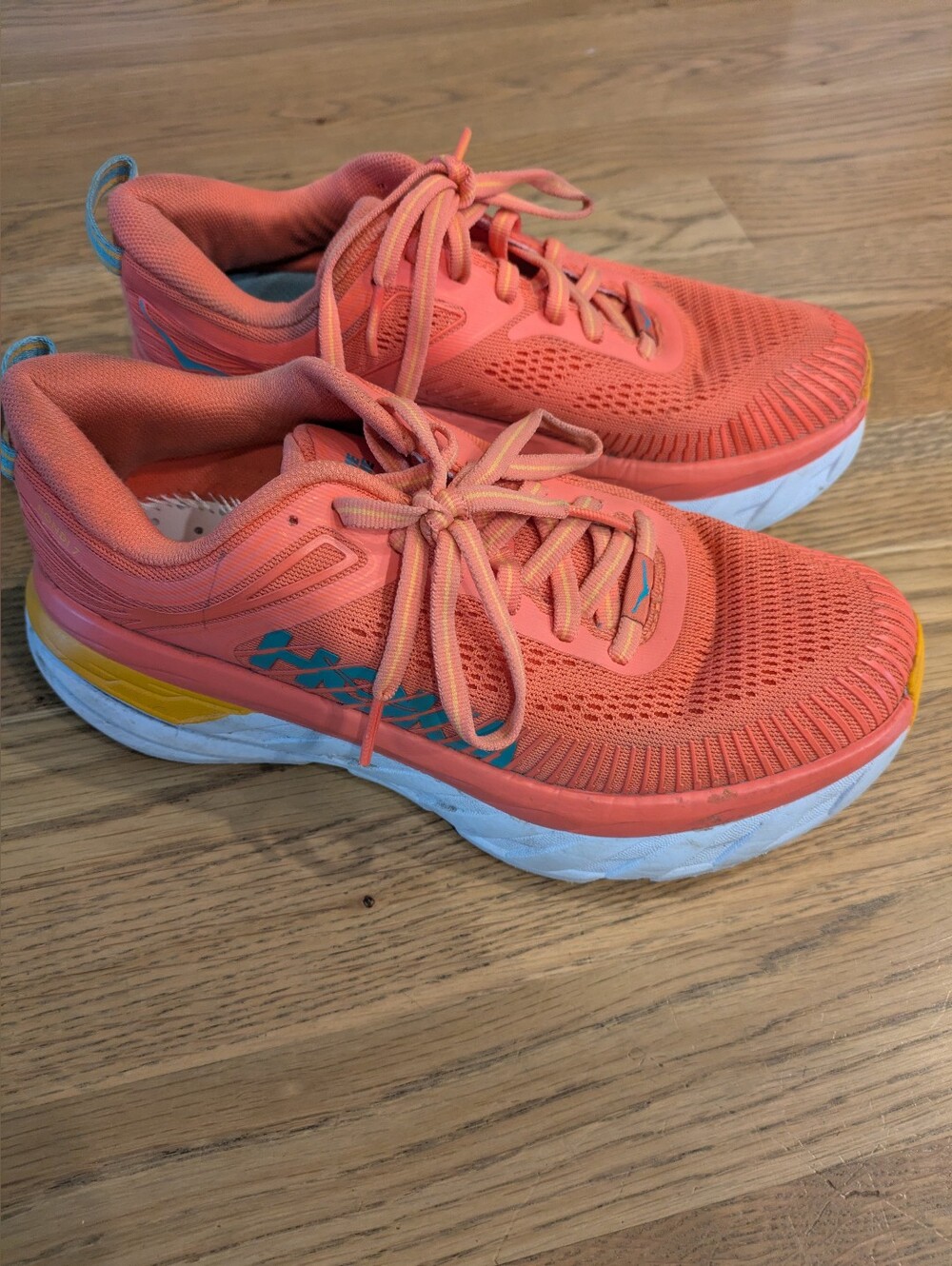 Hoka One One Coral and Blue Athletic Running Shoes